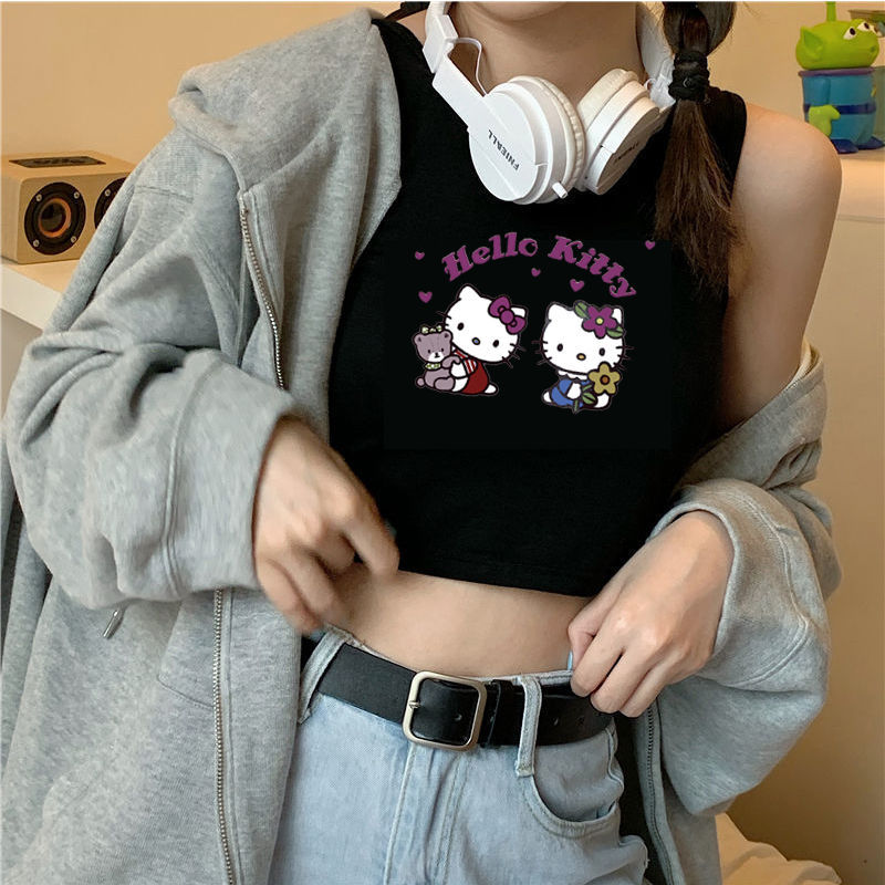 Hello Kitty Vest Women Top Short Base Sling Y2k Cute Cat Cartoon Print  Summer Women Clothing 2022 New - Tanks & Camis - AliExpress