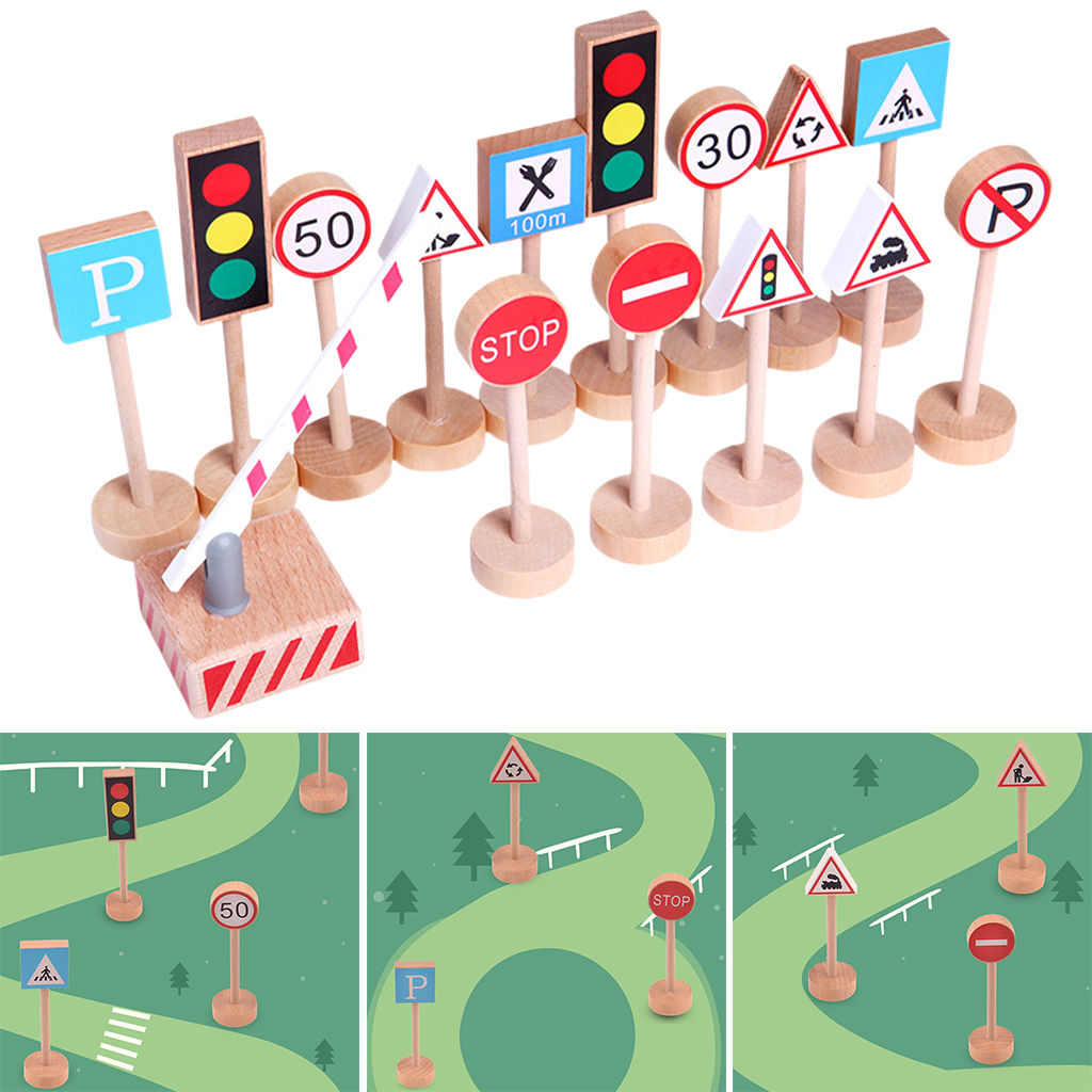 15Pcs Wood Crosswalk Road Sign Traffic Light Stop Light Signal Lights Practical Skills Birthday Party Pretend Play Toys