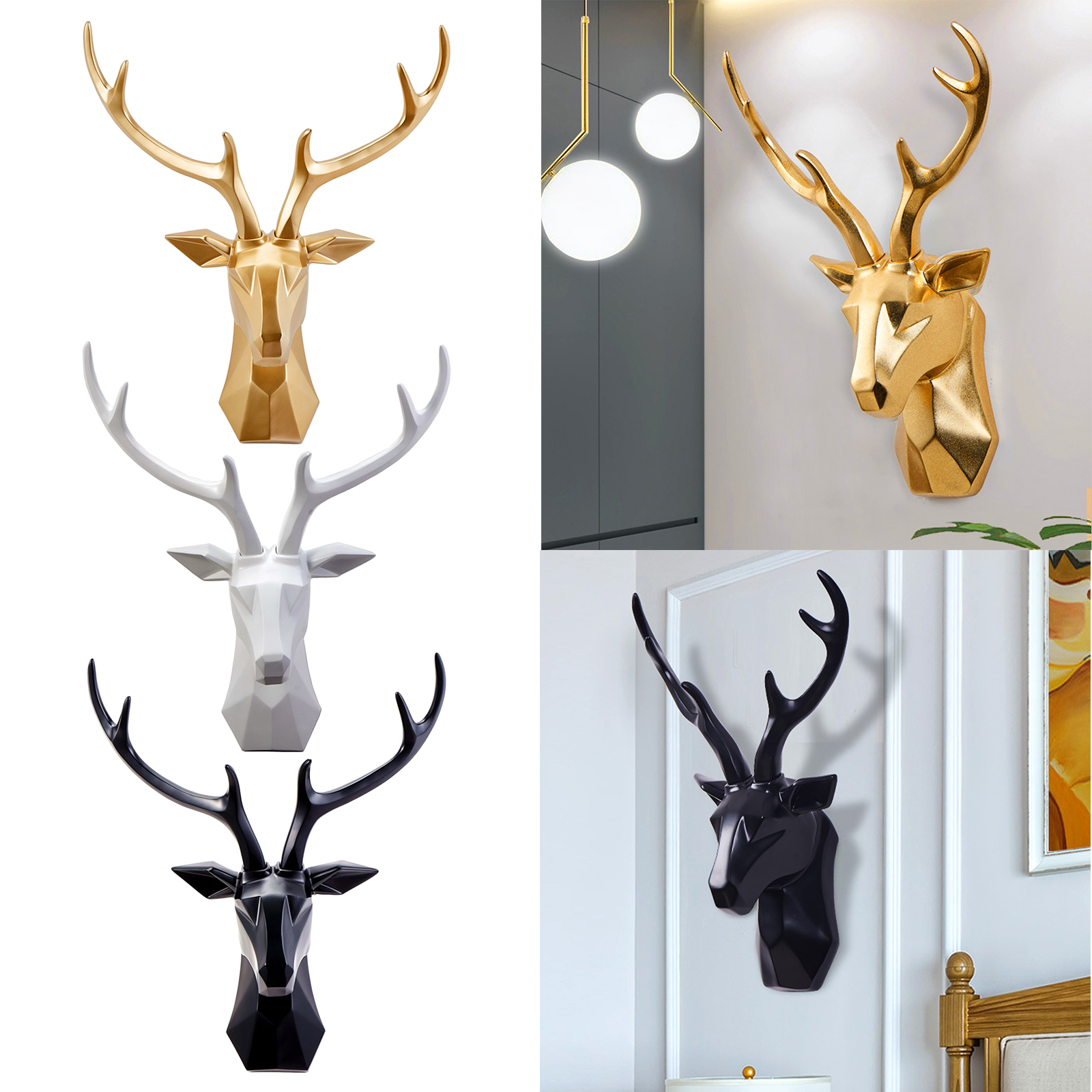 3D Deer Head Sculpture Wall Mount Simple Elegant Stag Head Resin Statue Wall Farmhouse Figurines Bedroom Elk Home Cabinet Decor