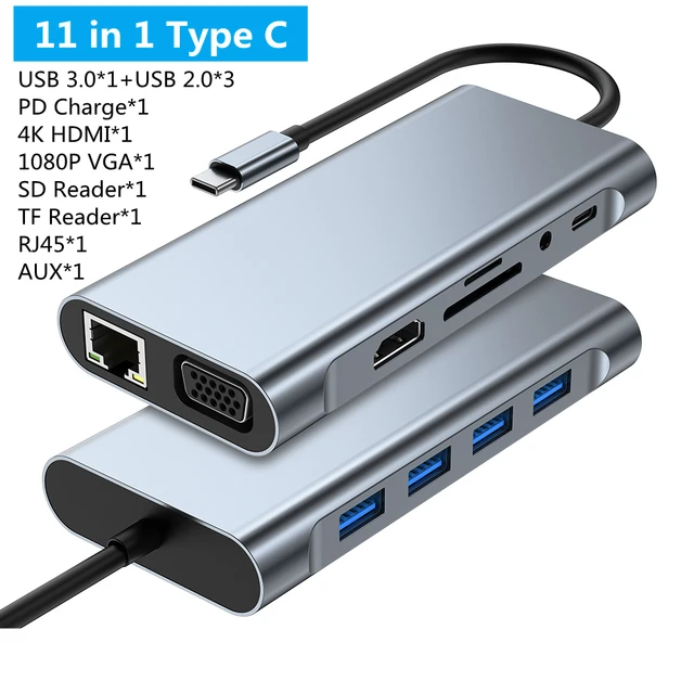 Adaptateur HUB 8 en 1 USB-C type-c to HDMI/RJ45/2*Type-C/SD/Micro