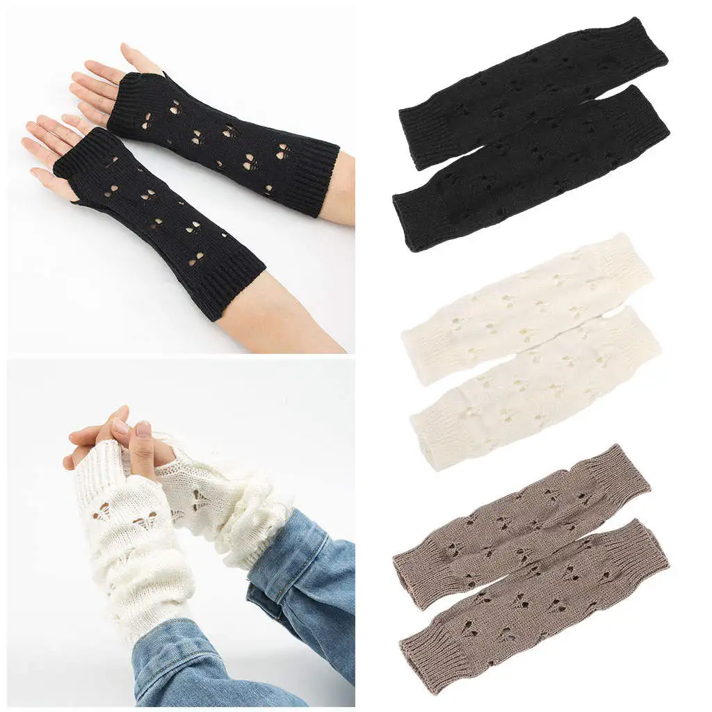 Women Winter Half Finger Gloves Long Crochet Wrist Arm Hand Warmer with Thumb Hole Fashion Solid Color Unisex Ladies Mittens