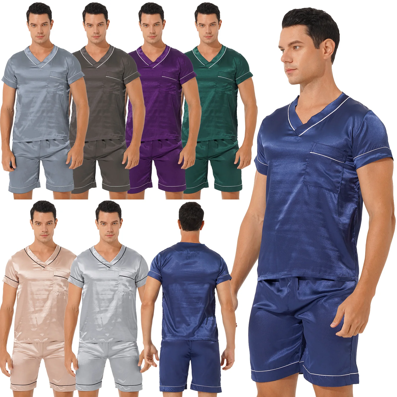 Plus Size Men Satin Pajama Set Loungewear Homewear Sleepwear Nightwear Comfortable Loose V Neck Short Sleeve T-Shirt with Shorts men satin pajamas