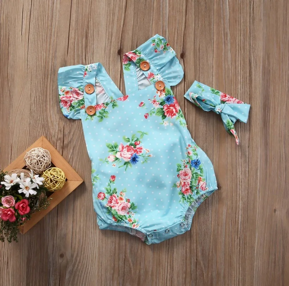 Newborn  Baby Girl Clothes Sets  Flower Ruffles Romper Sunsuit Headband Cotton Outfits Baby Summer Clothing 0-24M 2021 coloured baby bodysuits