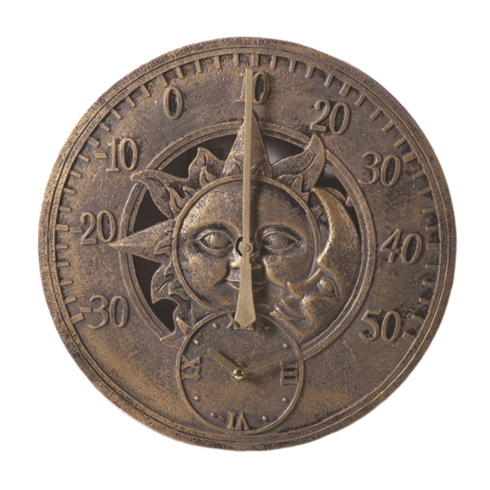 12'' Retro Resin Hanging Wall Clock Attached Thermometer Indoor or Outdoor Sun Moon Look Hotel Shops Cafe Garden Pond