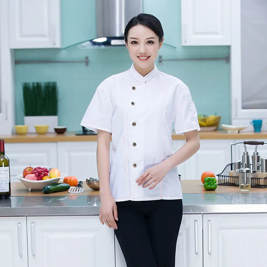 Unisex Topstitched Chef Jacket Coat Single Breasted Short Sleeves Shirt Kitchen Uniform with Mandarin Collar Lfte Pocket