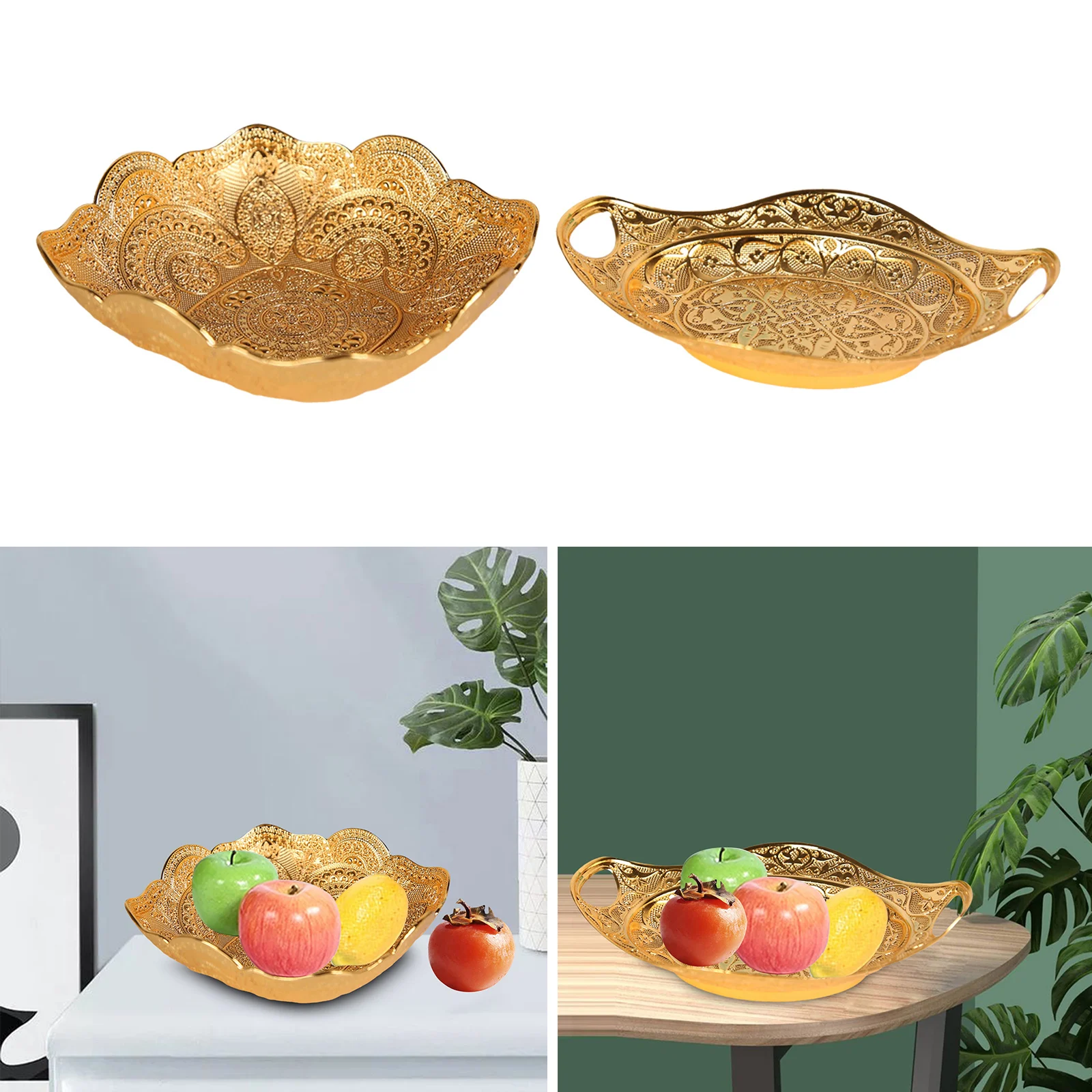 Gold Fruit Plate Trinket Jewelry Earrings Necklace Dish Decorative Cupcake Candy Snack Tray Bowl Centerpiece Home Party Decor