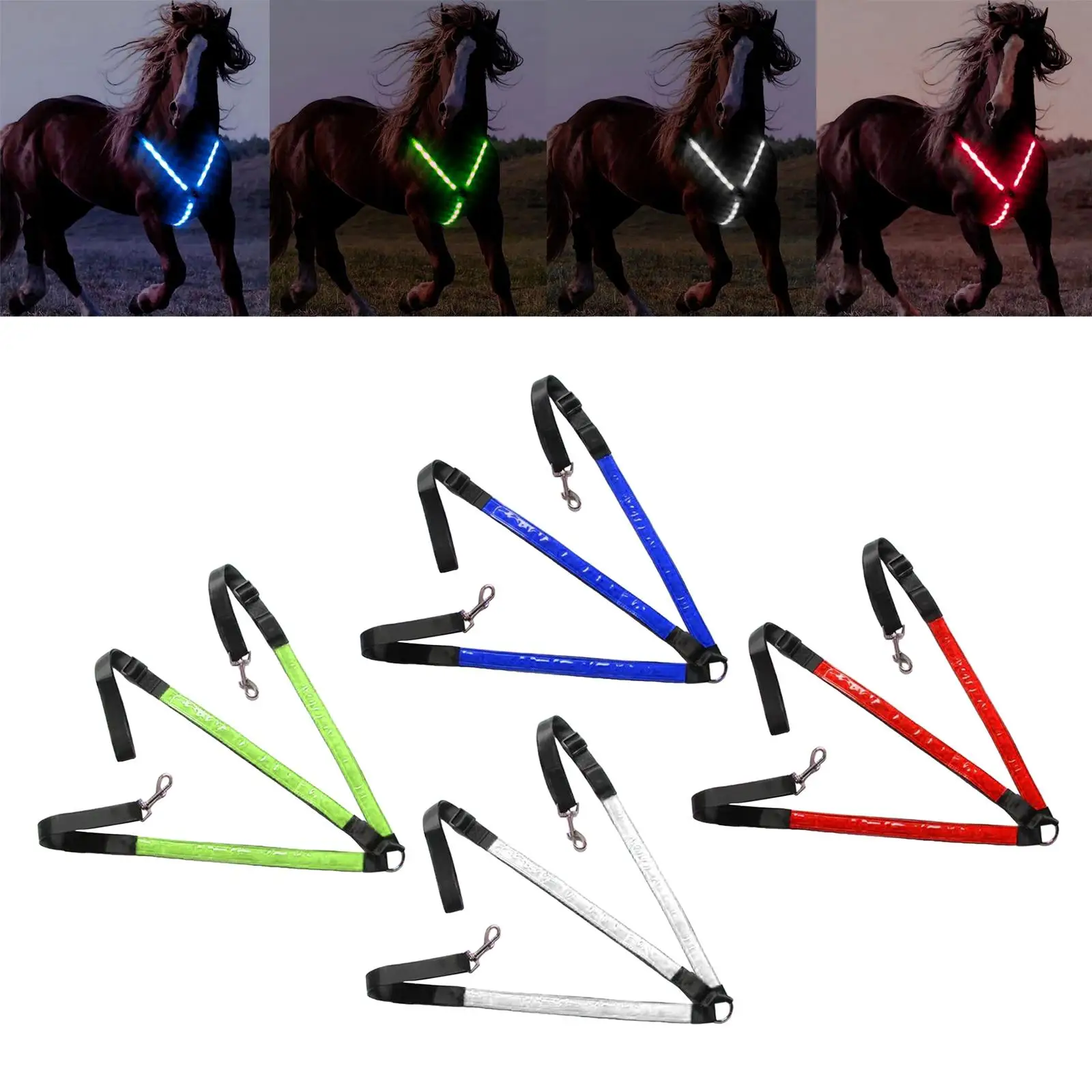 LED Horse Breastplate Collar Battery Operated Equestrian Safety Gear 3 D-Rings Protective Webbing Chest Strap for Horse Show