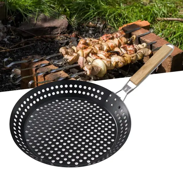 Stainless Steel Grill Skillet Pan With Foldable Wooden Handle Outdoor Grill  Barbecue Pan With Holes Kitchen Tool - AliExpress