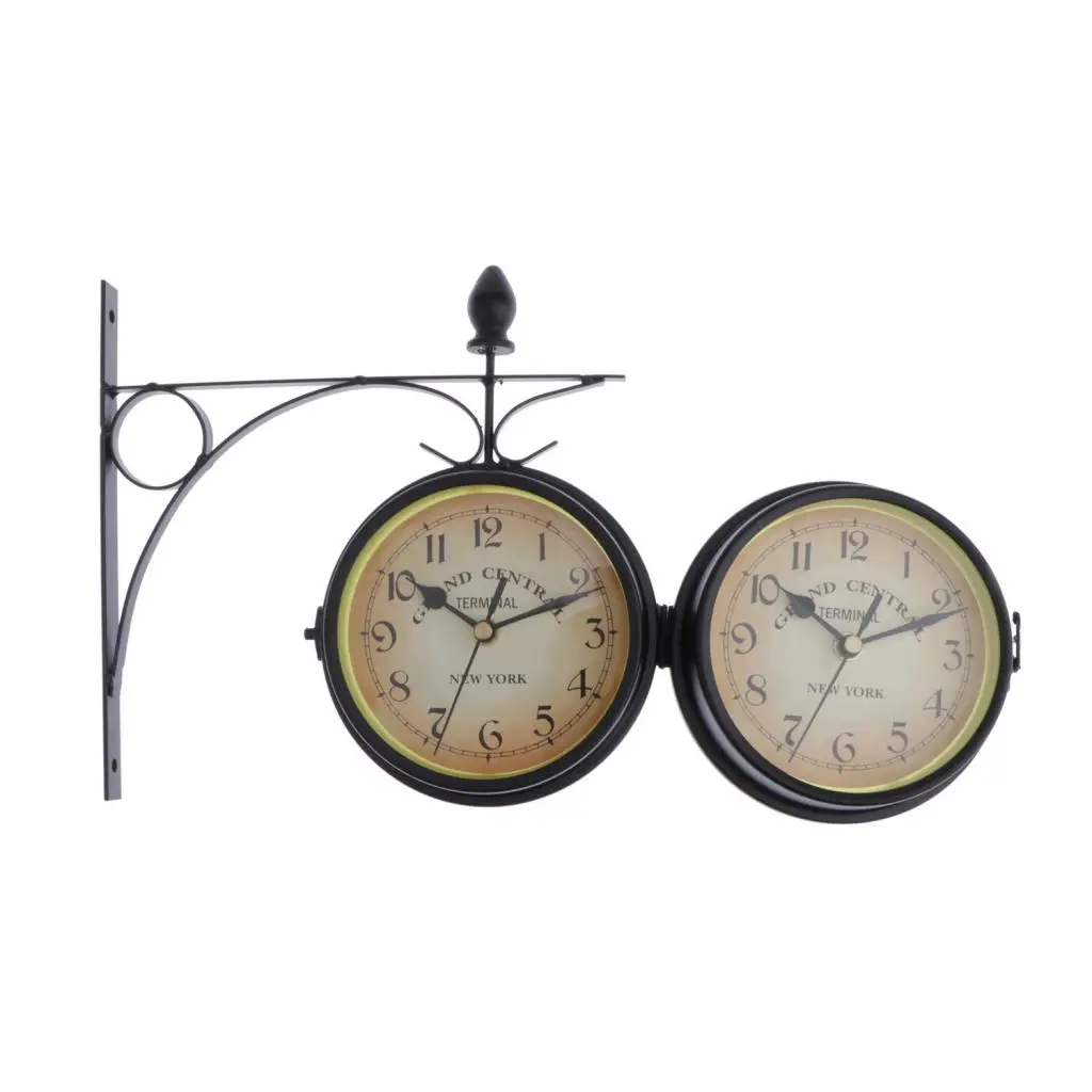 Vintage Double Sided Wall Clock Iron Metal Silent Quiet Central Station Wall Art Clock Creative Classic Garden Hanging Clocks