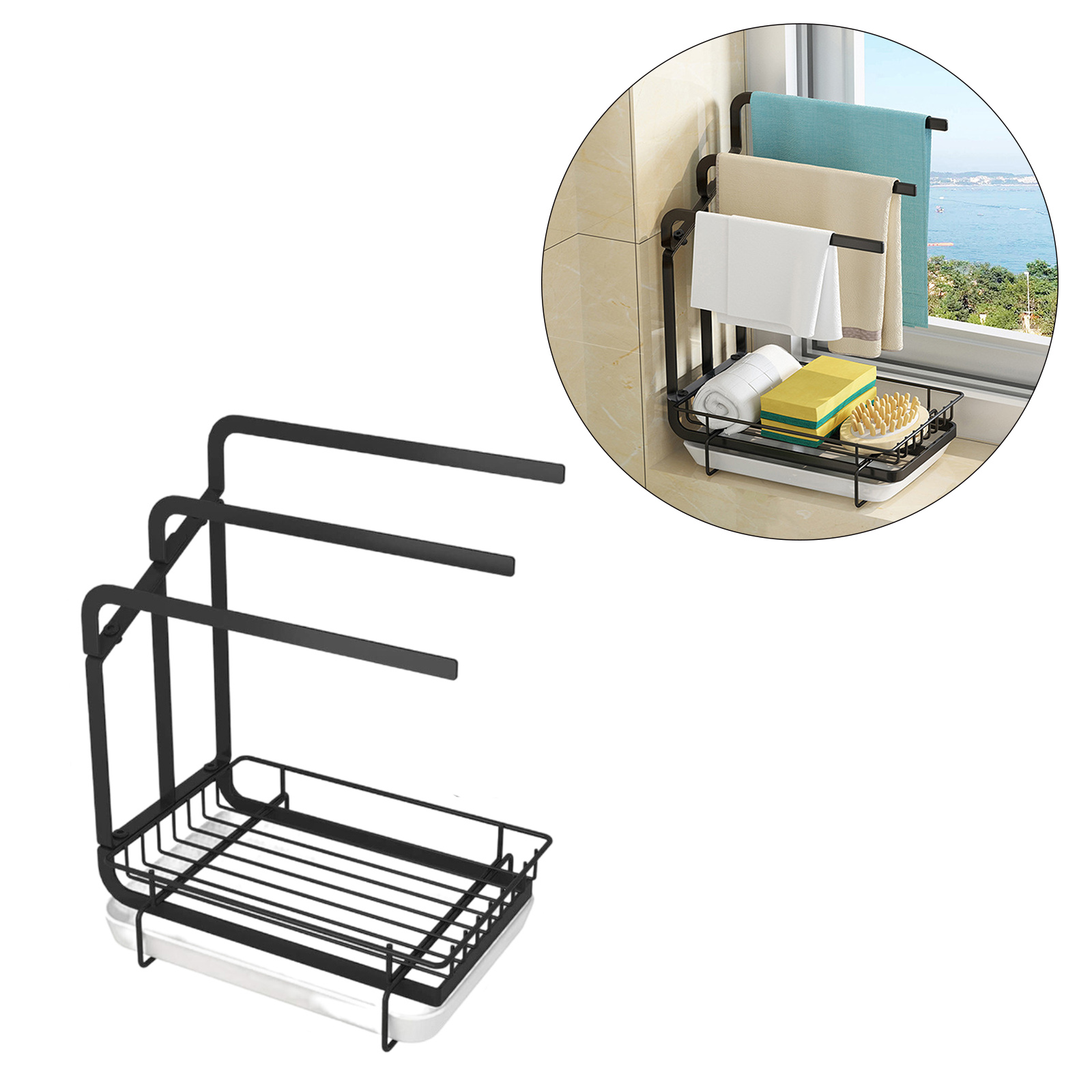 Drying Rack Countertop Storage Sink Organizer Sponge Brush Soap Dish Holder Towel Rack with Drain Pan for Kitchen Bathroom