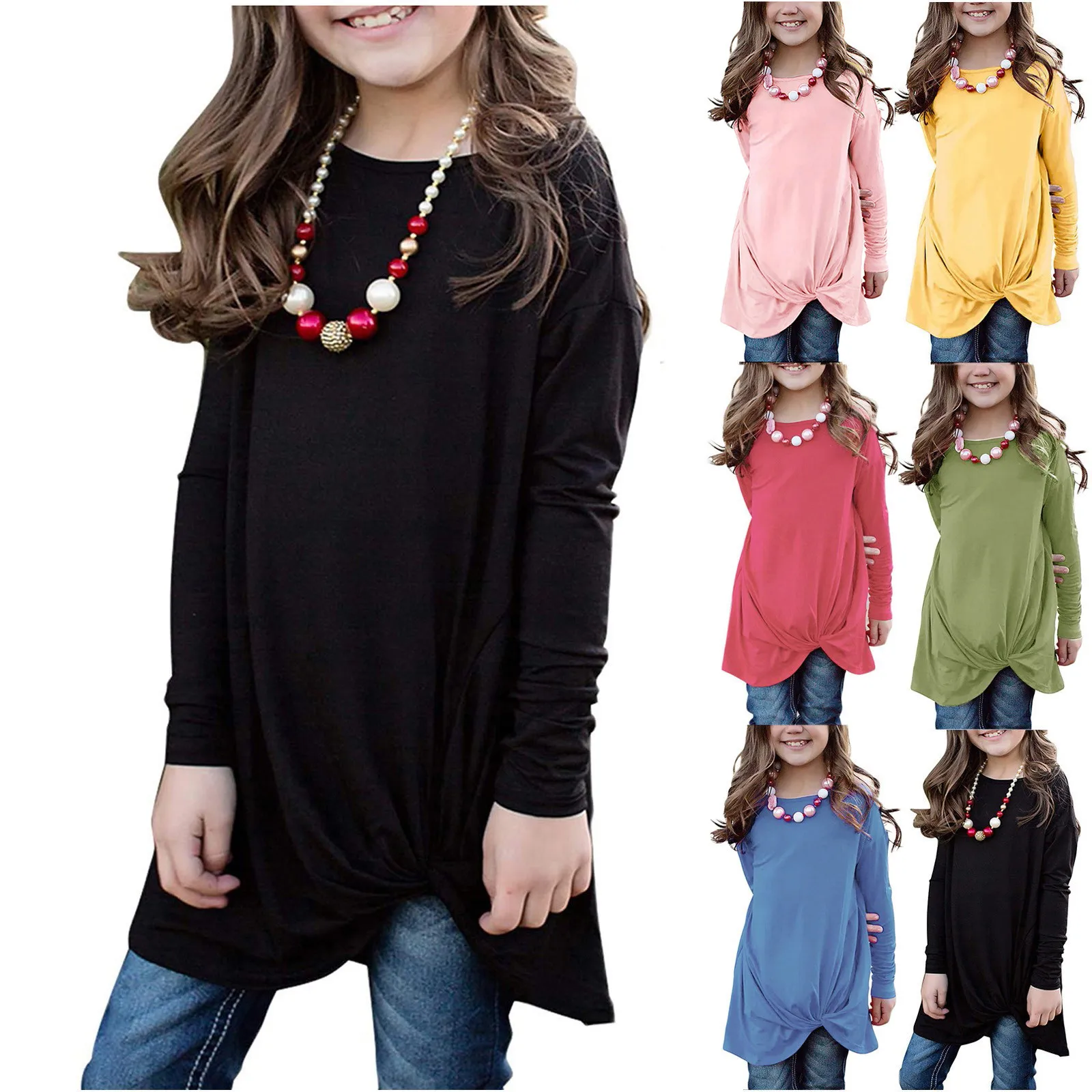Ecokauer Girls Casual Tunic Tops Knot Front Long Sleeve Loose Soft Blouse T-Shirt Size 4-13 