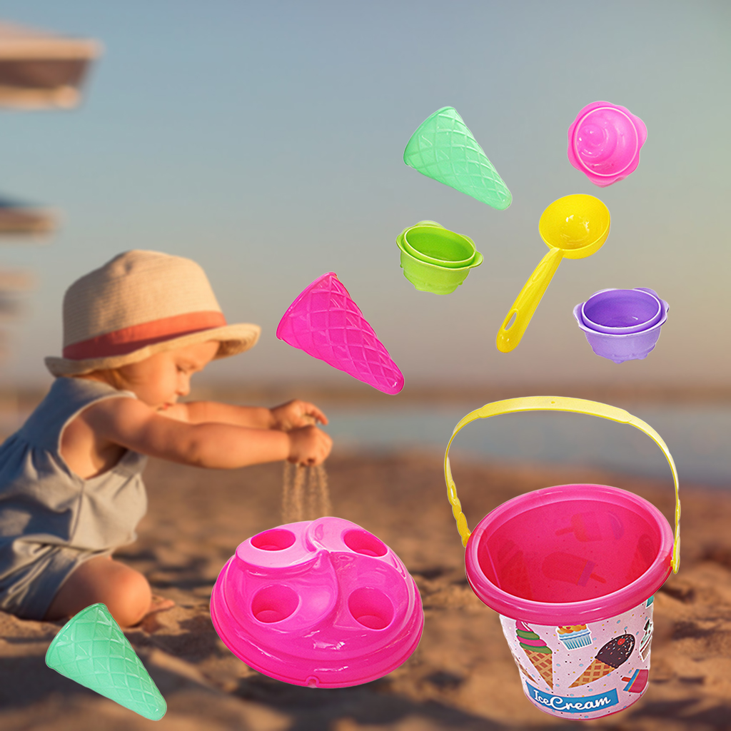 8pcs/set Kids Plastic Beach Bucket Ice Cream Moulds Play Toy Set Summer Activity Toys for Kids 3-6 Years Old