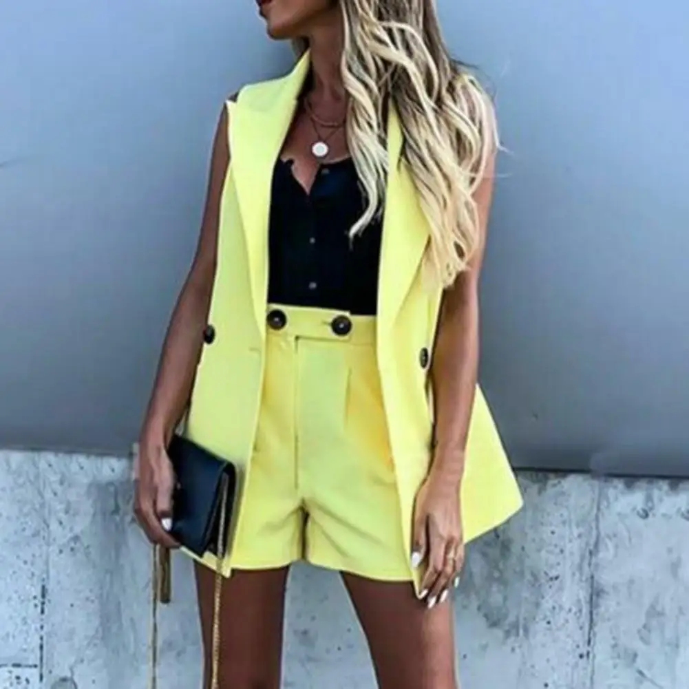 sweat suits women New Fashion Women Two Piece Set Suit Coat and Shorts Set Solid Color Vest Coat Single Button Sleeveless Blazers with Shorts Suit satin pajamas for women