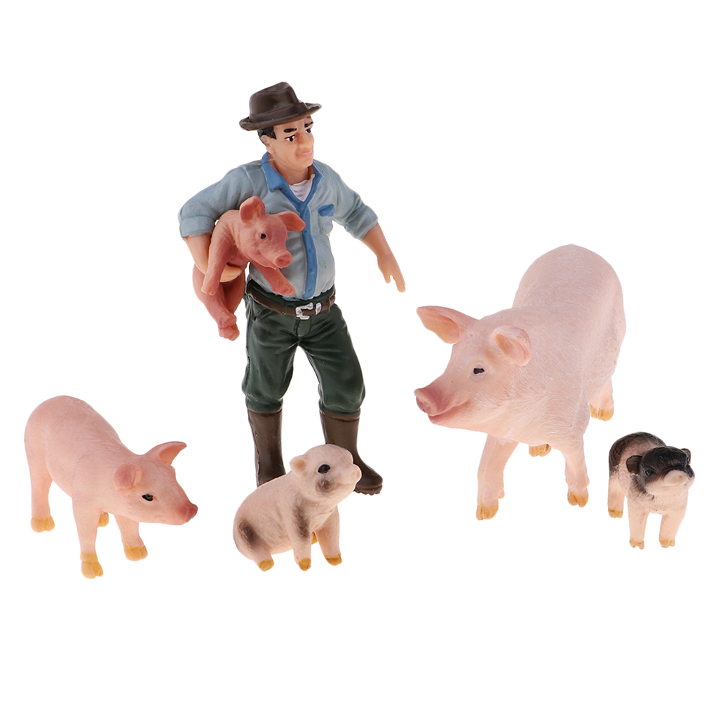 Lifelike Farm Animal Figure Plastic Farm Animals Toy Set - Farmer & 4 Pig