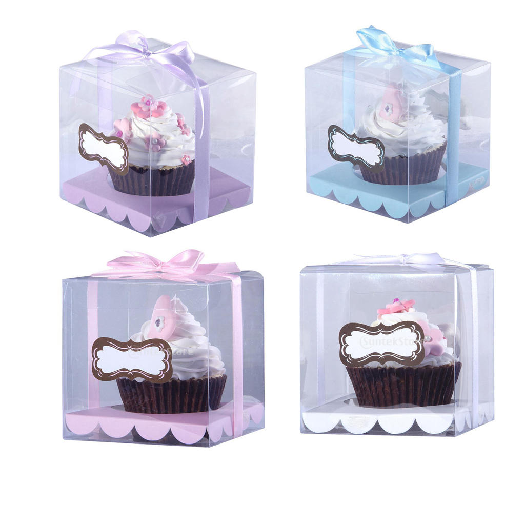 MagiDeal 12x Clear Plastic Cube Cupcake Boxes Mini Cake Container with ribbon