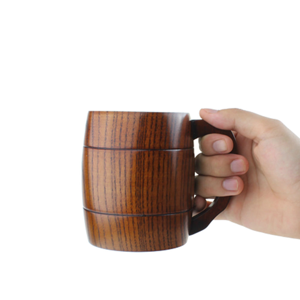 Natural Wooden Beer Mug, Vintage Beer Coffee Cup with Handle for Home Kitchen Bar