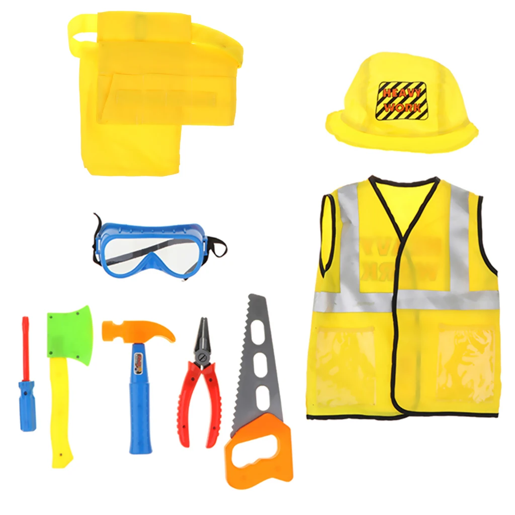 Kids Role Play Costume Set - 9Piece Construction Worker Kids, Builder Dress Up Kit with Hat, Tool Belt, Vest & Repair Tool Kit