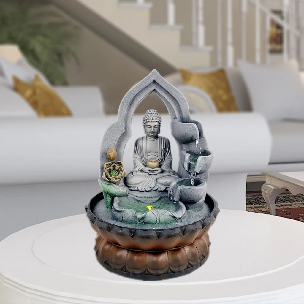 Buddha Tabletop Waterfall Fountain, Resin Desktop Fengshui Meditation Relaxing Indoor Decoration, Circular Water Flow Ornament