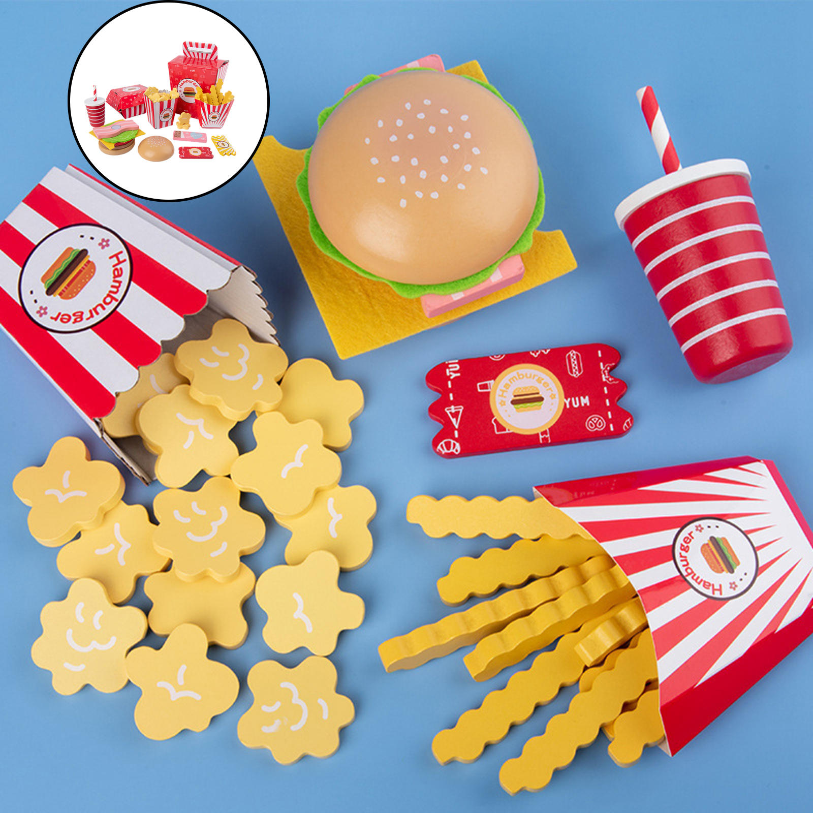 Wooden Pretend Play Play Food Toy Set Fast Food Hamburger Kids Toddlers