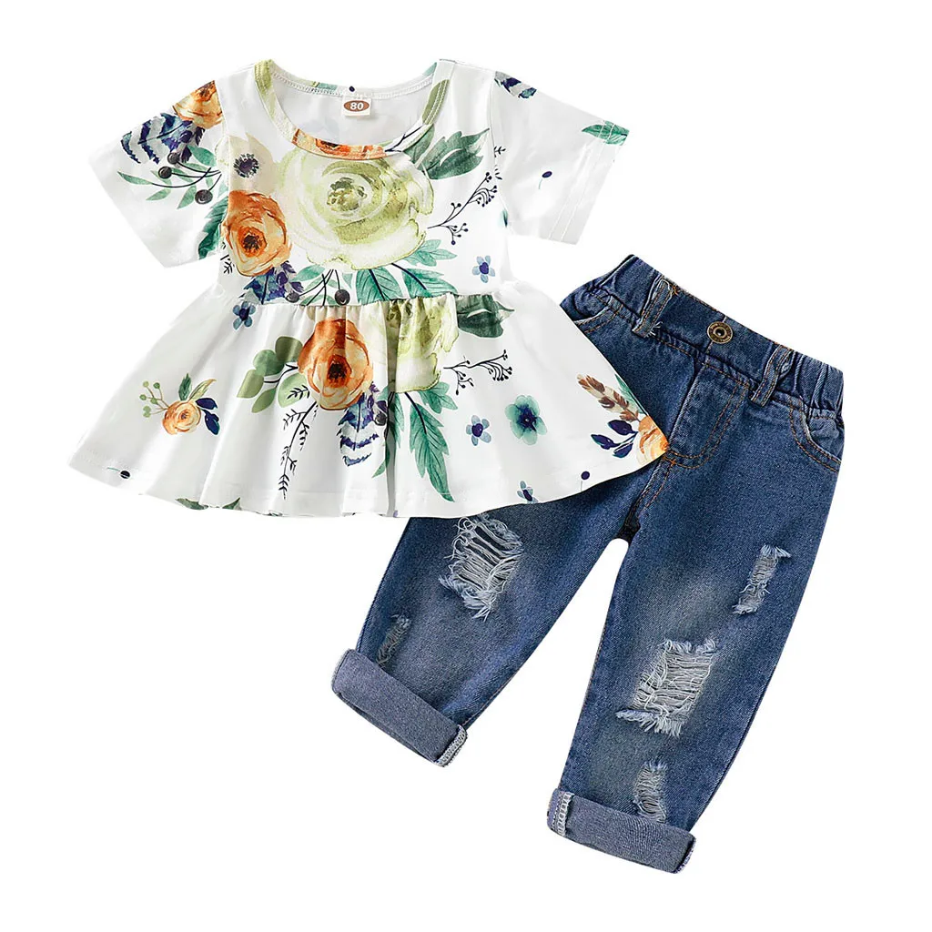3Pcs Baby Girls Floral Crop Tops+Hole Denim Pants Jean Toddler Kids Sets Outfits 