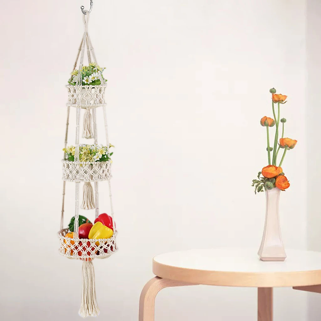 3 Tier Macrame Hanging Basket for Fruit and Vegetable Storage Kitchen Wall Baskets for Organizing Boho Decor for Plants