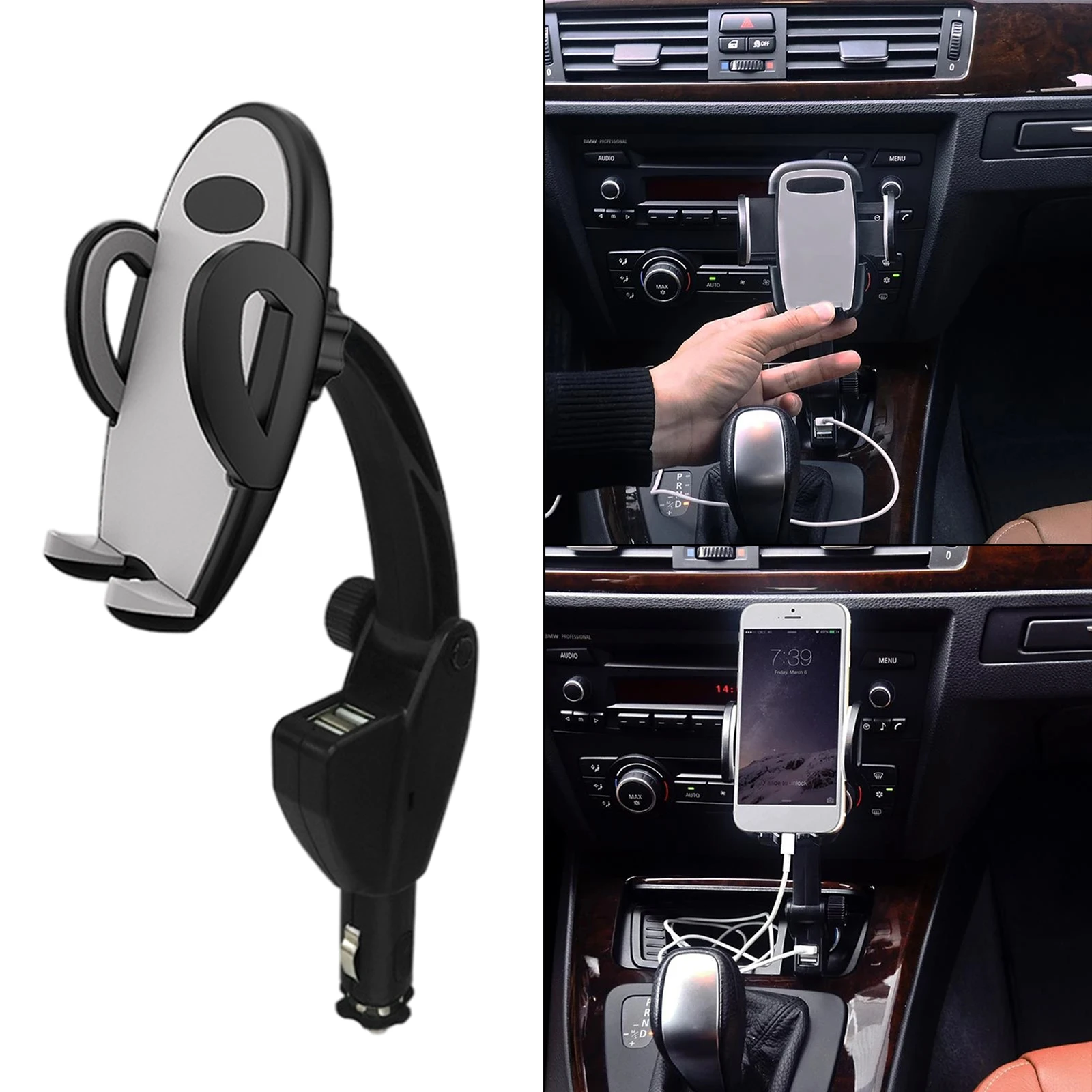 2021 2 USB Ports Adjustable Car Charger Holder Mount Fast Charging Cradle Cigarette Lighter