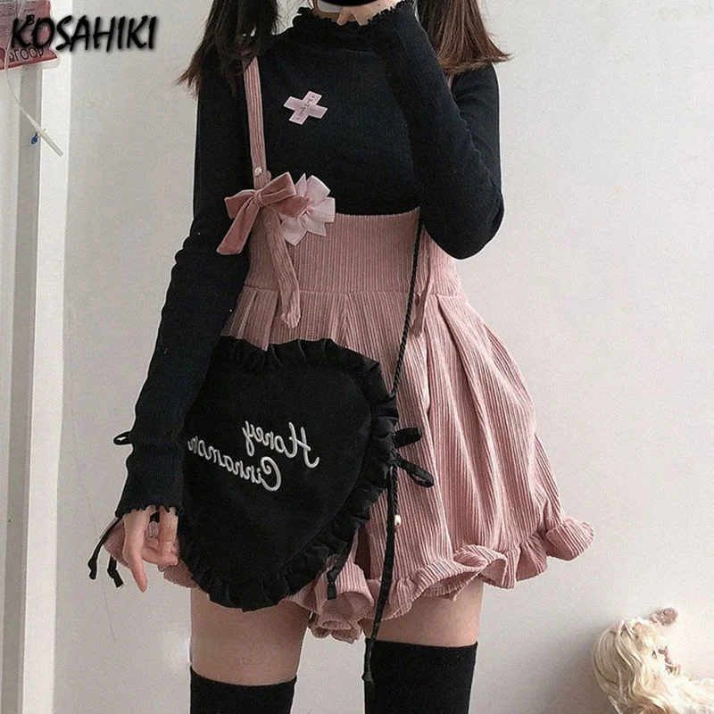 denim shorts KOSAHIKI Japanese Kawaii Strap Shorts Women Corduroy Ruffle Solid Short 2022 Cute Lolita Overalls Chores Para Mujer online clothes shopping