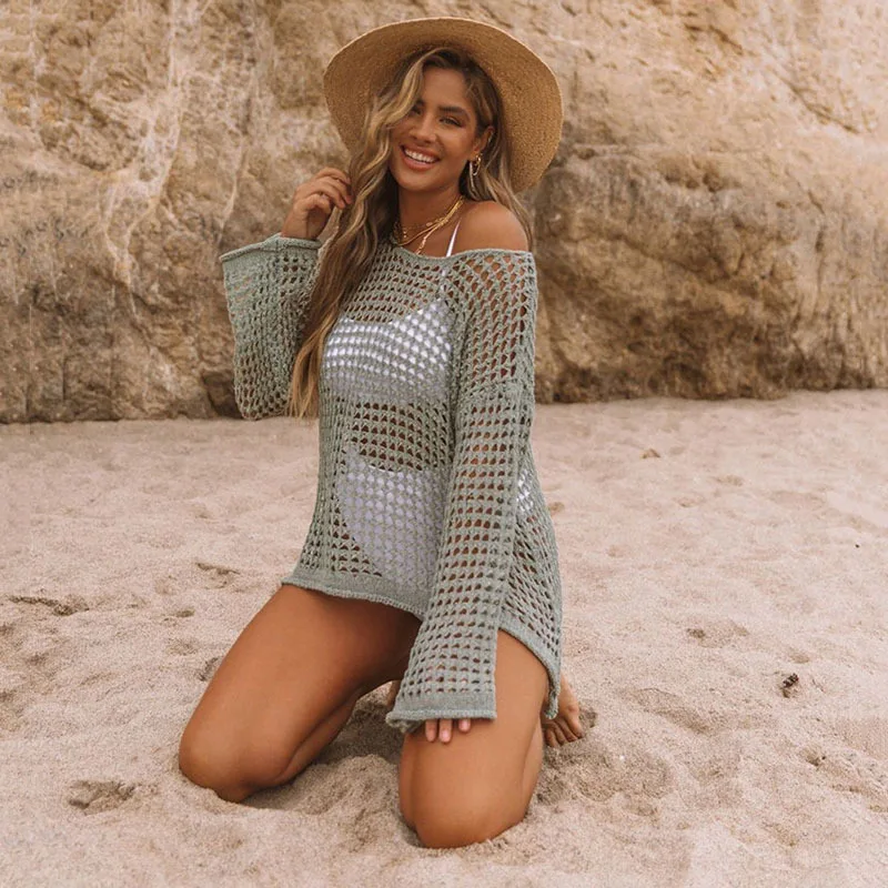 Women's Hollow Out Cover Ups Sexy Long Sleeve Off Shoulder See Through Crochet Tops 2021 Summer bathing suit and cover up set
