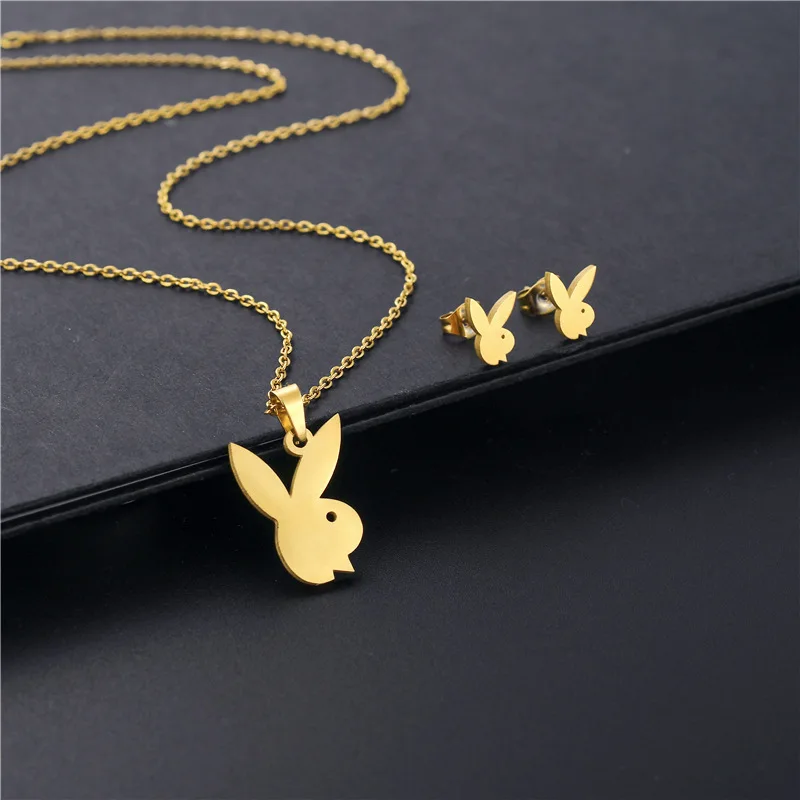 rose gold costume jewelry set Cute Stainless Steel Animal Necklace Earrings Lovely Cartoon Gold Color Bunny Rabbit Jewelry Set for Women Kids Christmas Gift gold pendant set new design