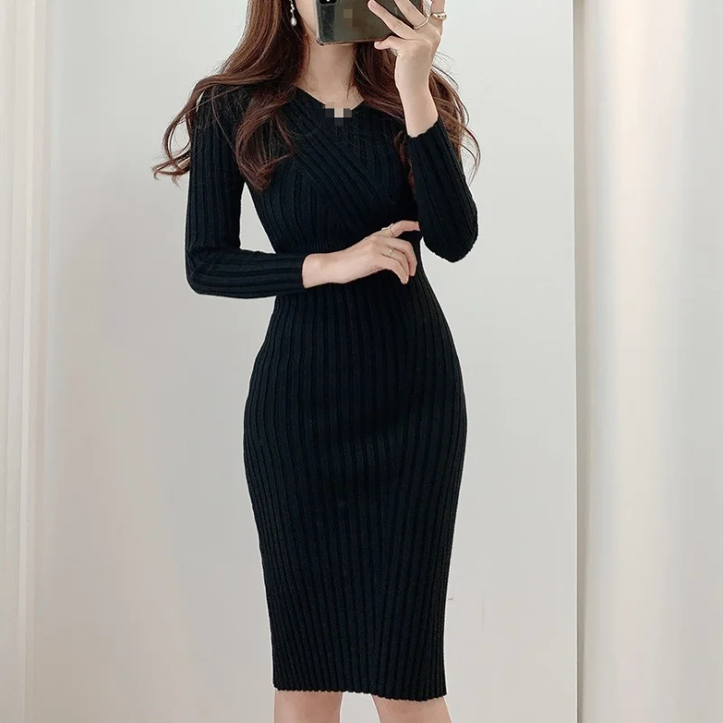 Gagaok Knitted Dresses Women 2021 Spring Autumn New V-Neck Sheath Office Lady Solid Midi Dress Korean Chic Simple Vestidos
