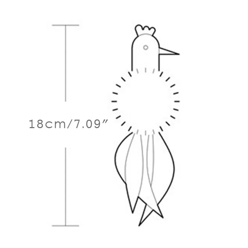 Un dibujo lineal simple de un pollo. El pollo está representado con cuerpo, alas, cola y cabeza, incluido un pico y una característica parecida a una corona en la cabeza. También se proporciona una medida que indica que la altura del pollo es de 18 centímetros o 7