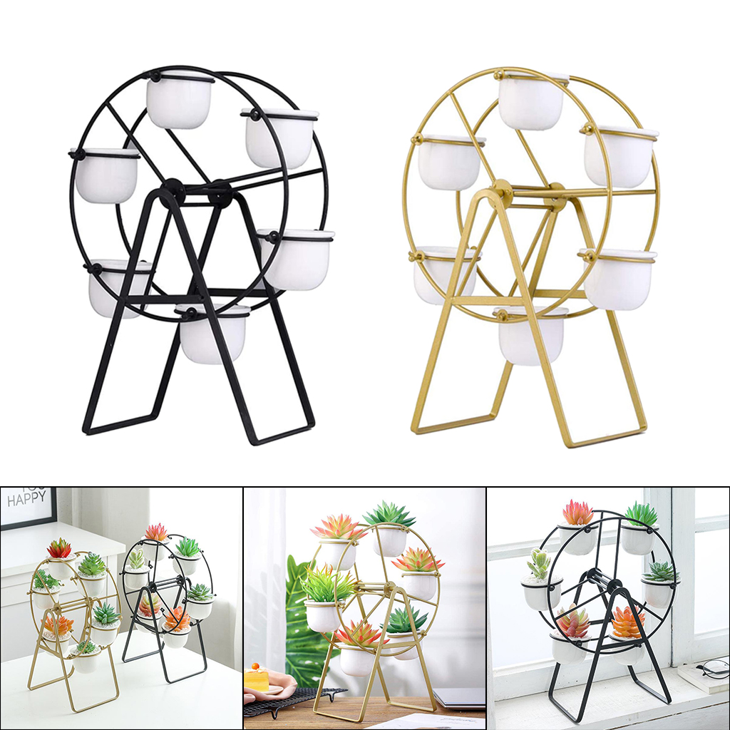 Ferris Wheel Flower Pot Stands Holder with 6 Ceramic Succulent Plant Pots