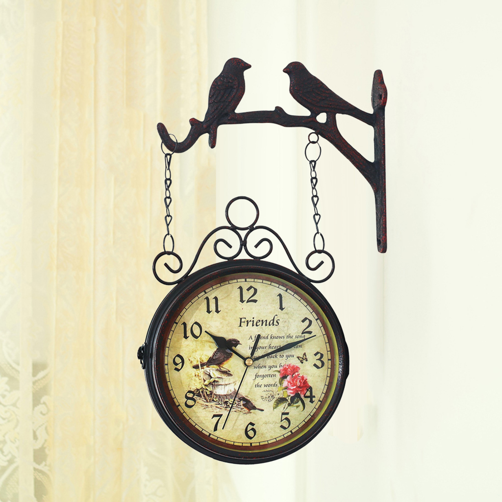 8'' Outdoor Wall Clock ing Retro Double Sided Battery Powered Metal Mount Vintage Garden Coffee Bar Decoration Round Station