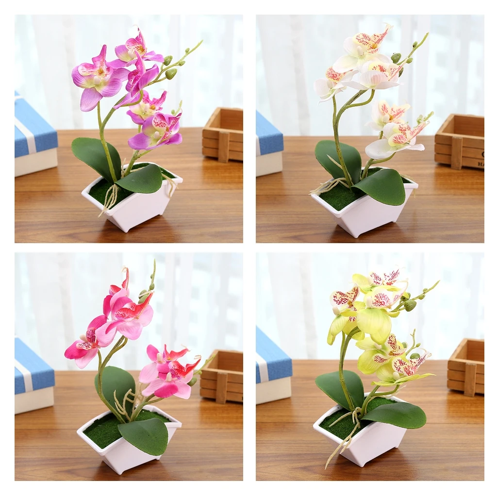 Artificial Orchid Bonsai Faux Flower Indoor Outdoor Office Decor with Pot Vase