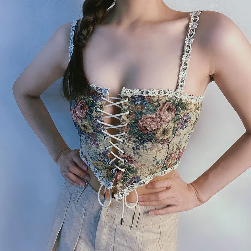 Summer Women Lace Trim Corset Crop Top Vintage Flora Print Low Cut Sleeveless Lace-up Bandage Bustier Vest 90s Streetwear