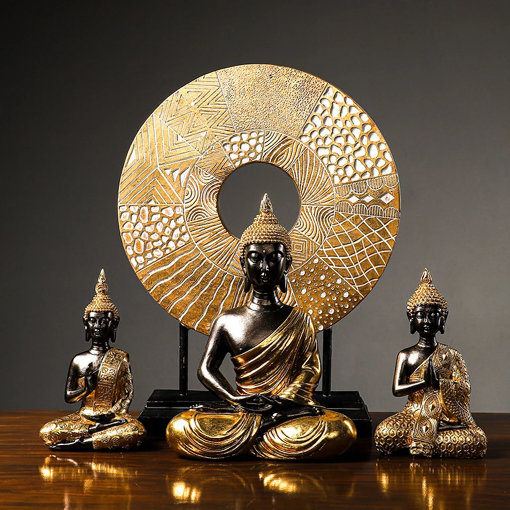 Buddha Statue Gold Blessing Thai Figurines Office Sculpture Meditation Decor