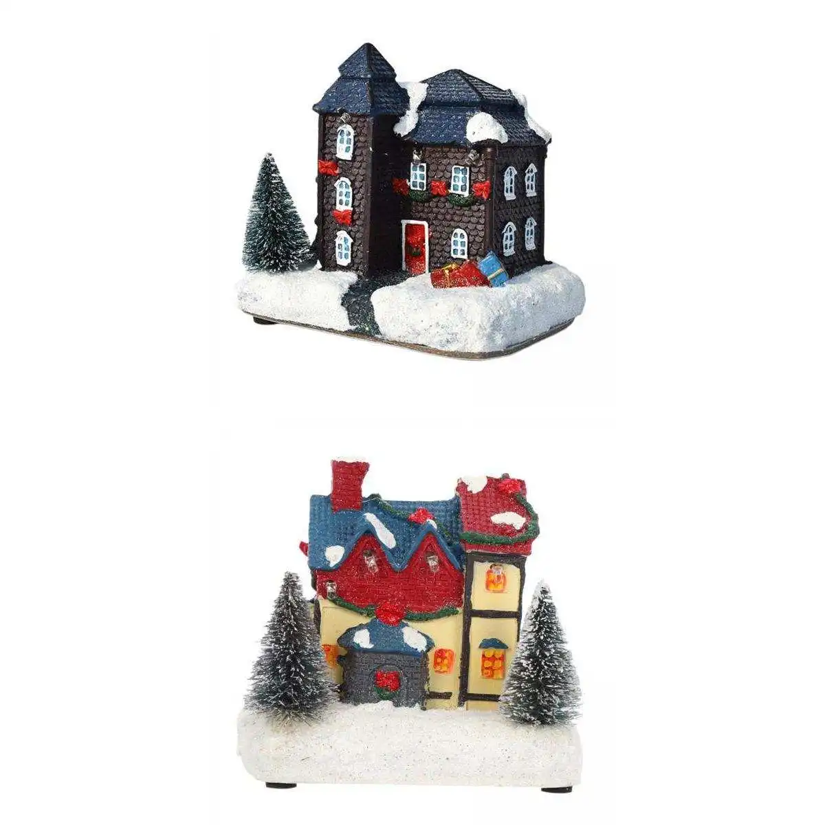 2 Pcs Christmas House LED Warm Light Snow Village Home Table Decor Gift