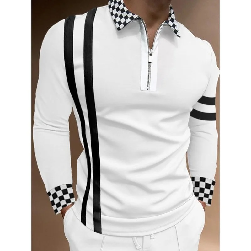Men T-shirt Casual Long Sleeve Stripe Splicing Turn-down Collar Tops Graphic T Shirts Autumn Men Clothing Best Seller T-shirts