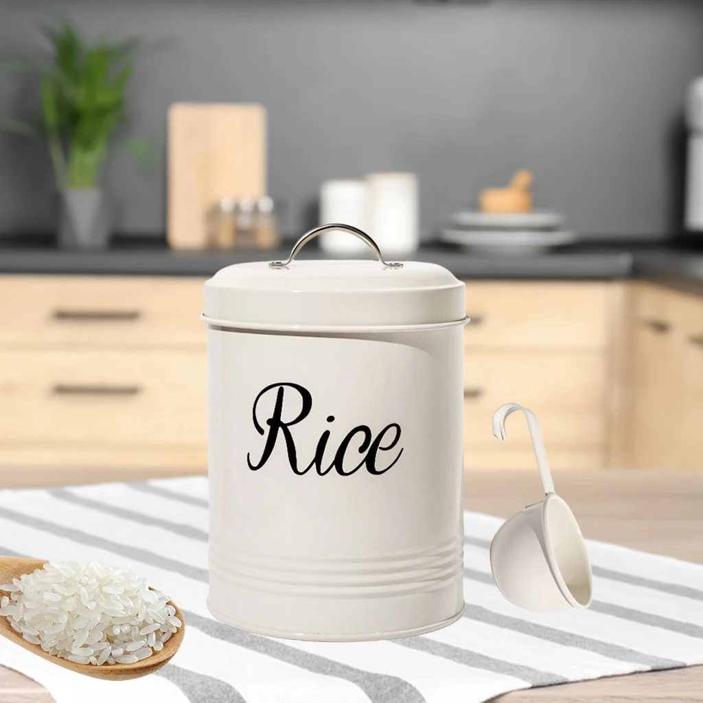 White Metal Kitchen Food Rice Storage Tin Jar 3L Canister Case 5.9x7.5 inches