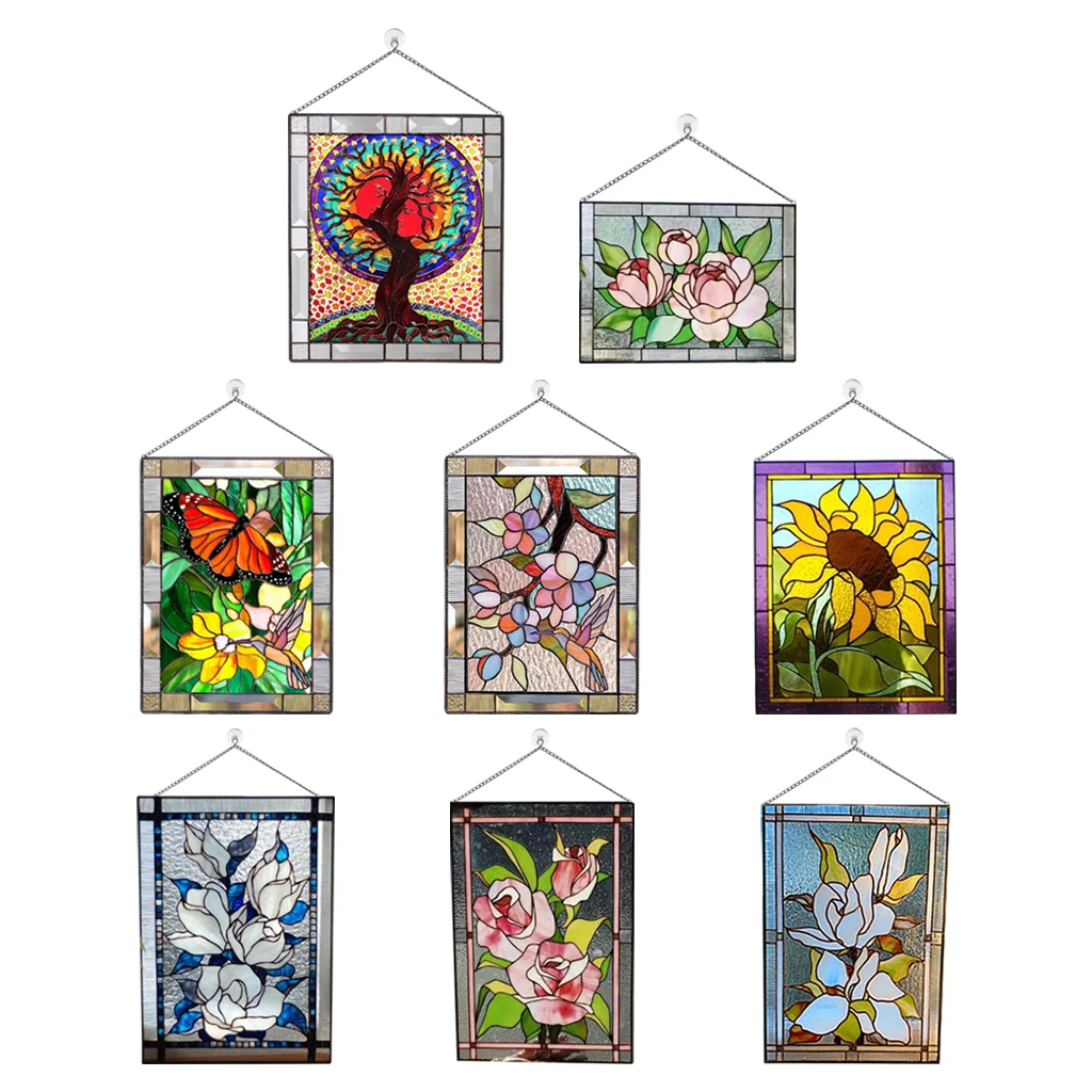 Stained Glass Window ings, Stained Glass Window Panel, Gorgeous Flowers  with Chain - Art Style