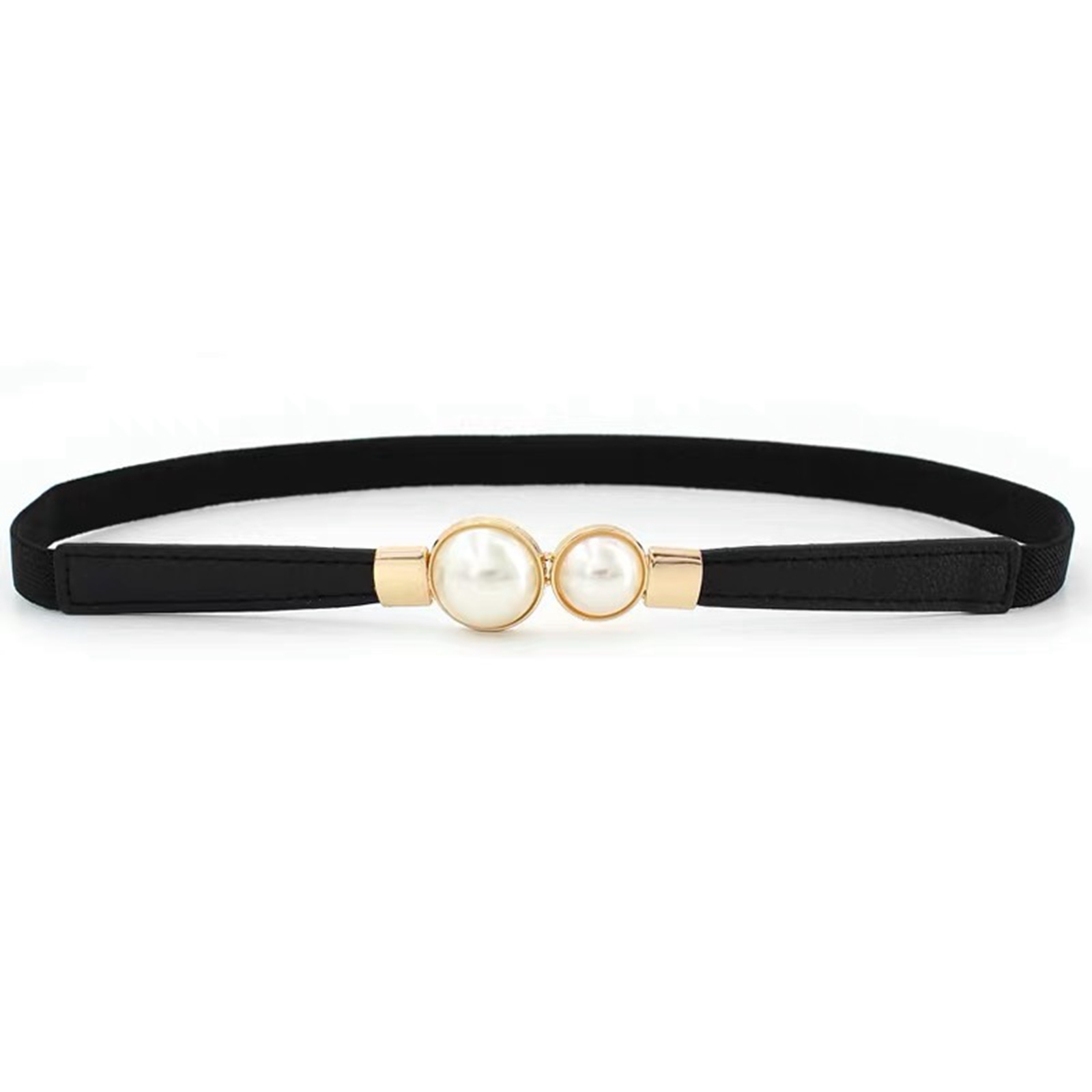 Women Double Pearl Belt PU Leather Dress Skirt Waist Elastic Thin Belts Ladies Waistband