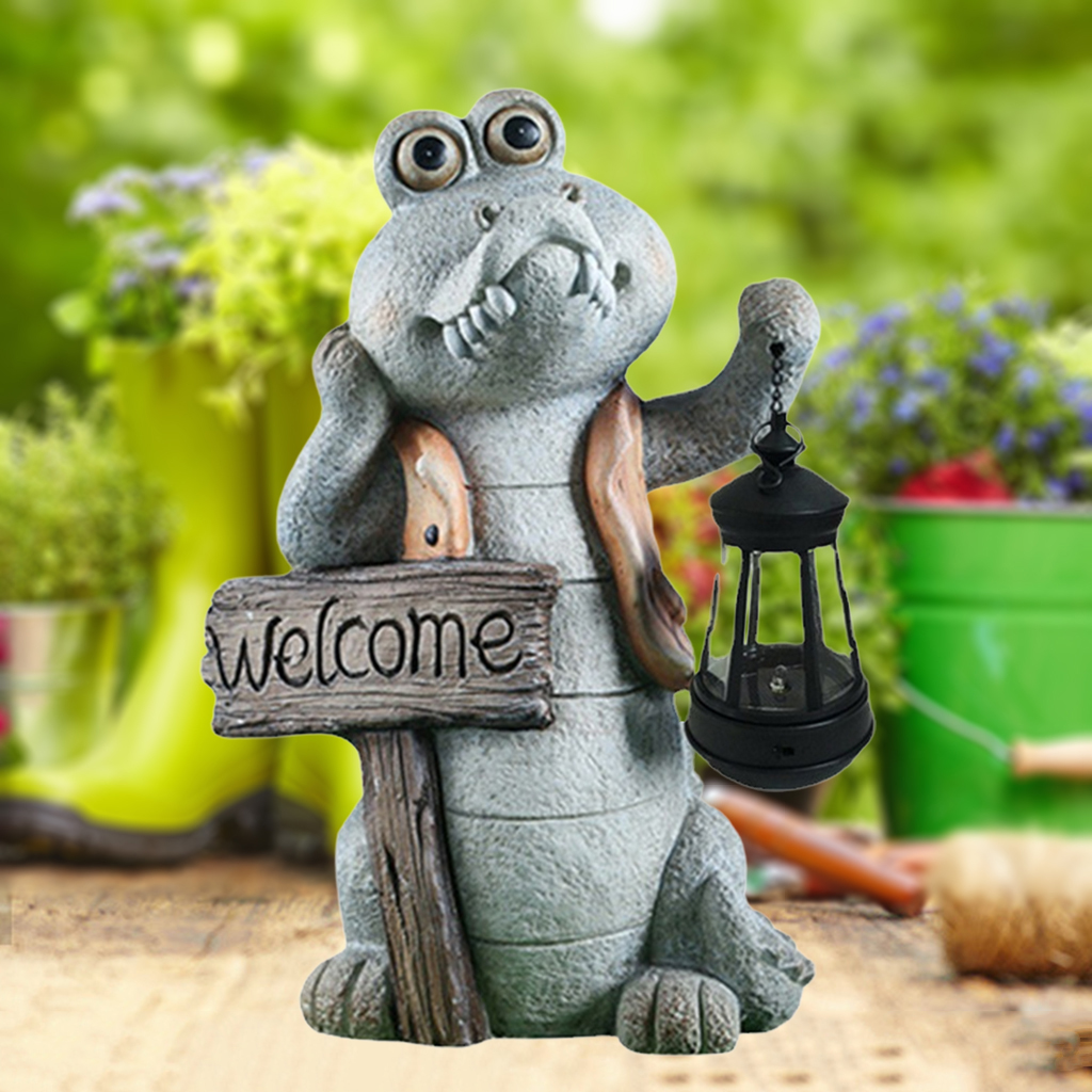 Crocodile Alligator Decor Path Lighter Statue with Solar LED Light Lantern Lamp Garden Yard Patio Poolside Path Decor