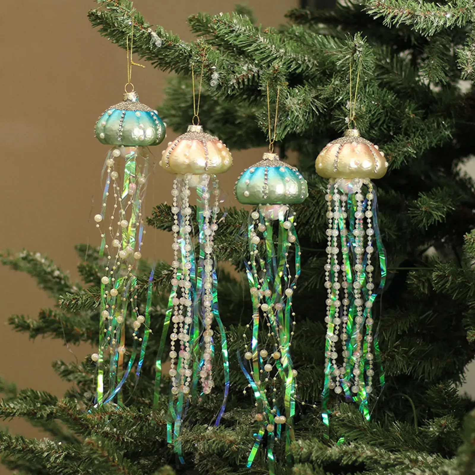 Christmas Decoration Glass Hanging Ornaments Jellyfish Beach Beaded Coastal Birthday Party Halloween Home Decor Set of 4