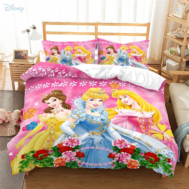 Jogo de cama estampado princesa disney, tecidos para casa, fofo, menina,  3d, capa de edredom, fronha, total, queen, king size, roupas de cama, 2/3  unidades - AliExpress