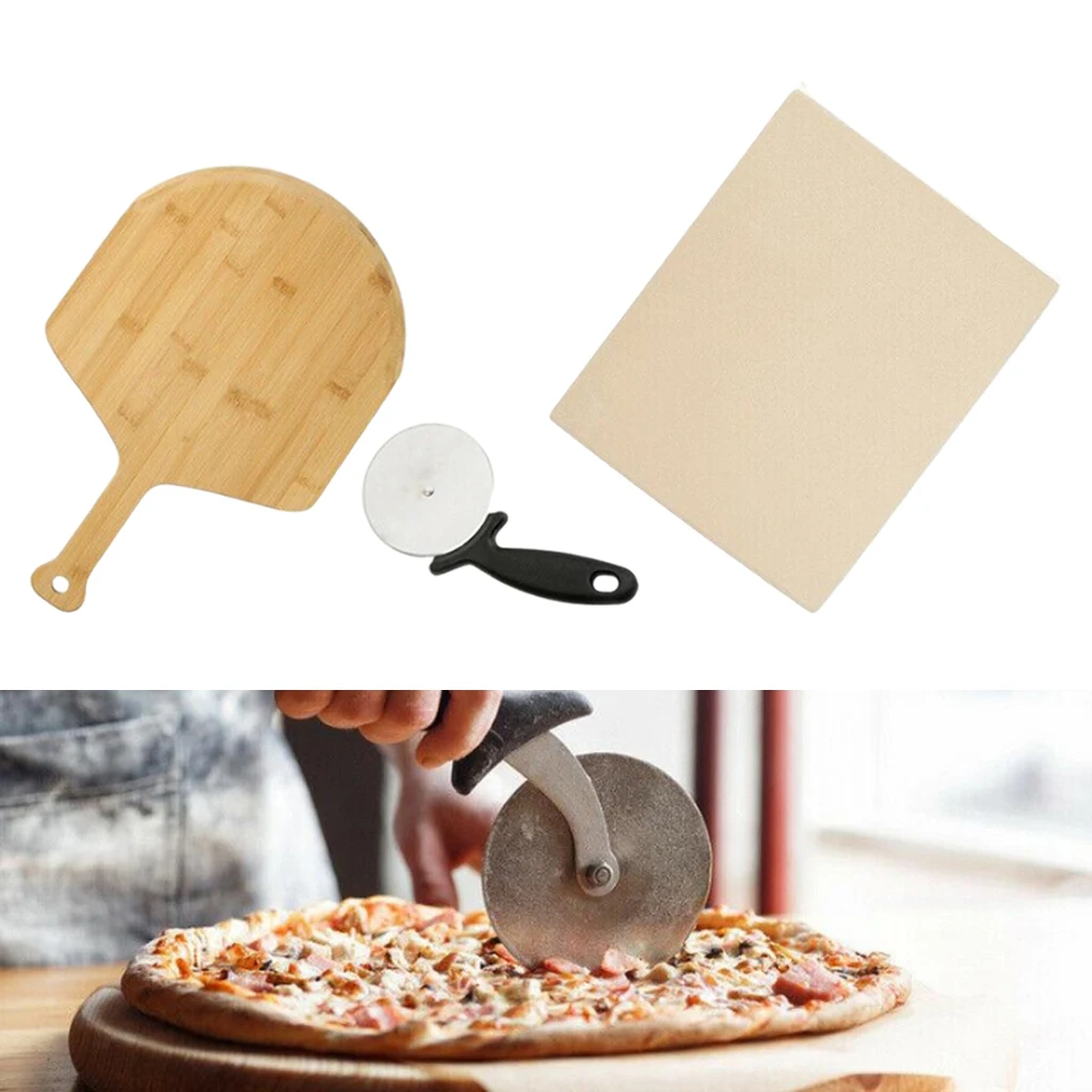 Cordierite Board Pizza Making Set Pizza Stone for Grill Oven Wood Shovel Pizza Wheel Cutter Crispy Crust Cooking Tool