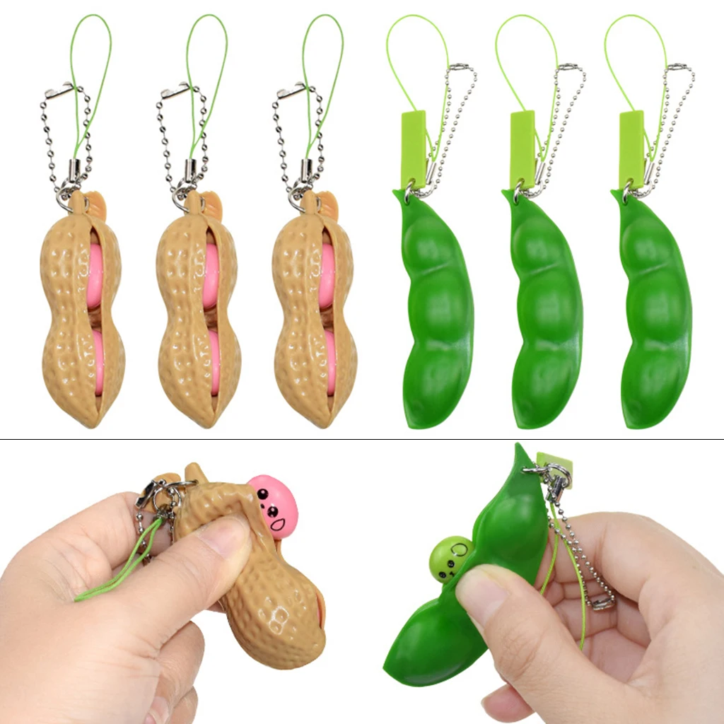 6 Pack Squeeze Beans Peanut Stress Relieve Pea Pod Keychain Hand Fidget Sensor Toys Antistress Gag Toys