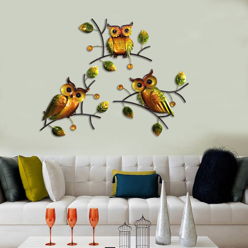3pcs Wall Hanging Metal Owl Sculpture Wall Art Decor, Nursery Kid's Room Bas