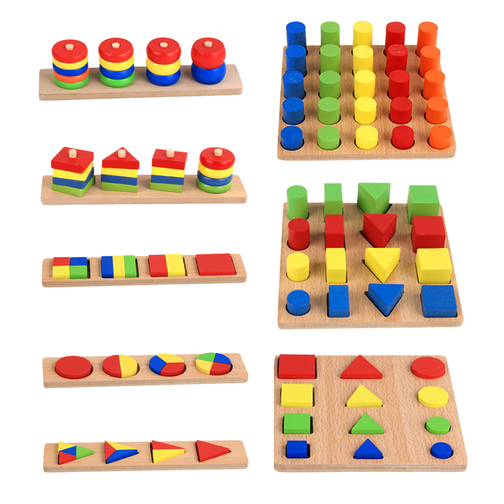 Wooden Toys Montessori Color Math Shapes Geometric Puzzles,Pack of 8 Sets -Baby