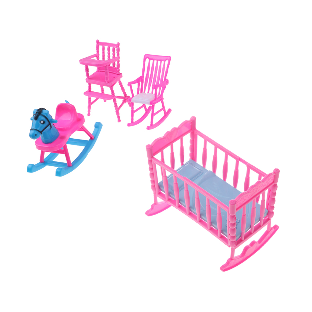 Pink Baby Rocking Bed + Baby Dining Chair + Rocking Horse + Baby Rocking Chair Nursery Room Accessory for Dolls House