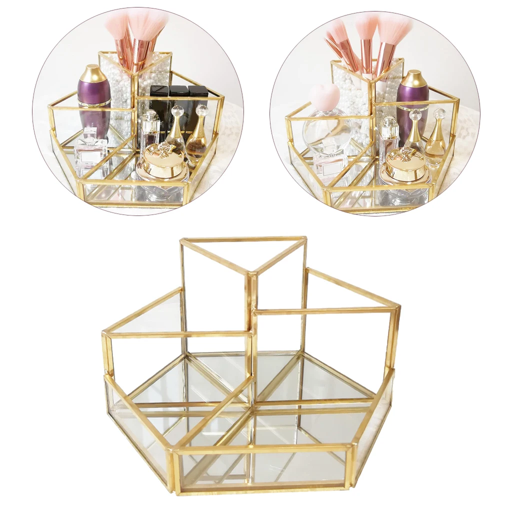 Transparent Makeup Brush Storage Box Organizer Glass Cosmetics Dressing Table Vanity Jewelry Storage Box with 4 Grids